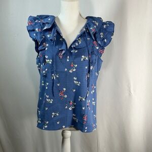 LOFT Women's‎ Blue Floral Ruffle V Neck Cap Sleeve Blouse Top Size S